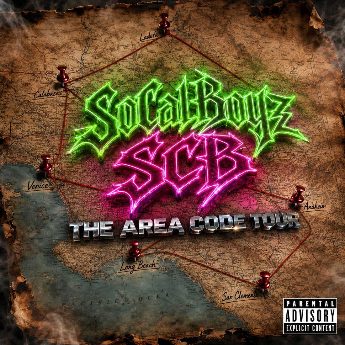 The Area Code Tour EP cover: a burnt vintage map of Southern California with red pushpins in six cities, the SoCalBoyz SCB logo glowing in neon green and pink above it.